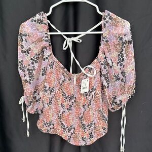 Free People Floral Smocked Blouse in Pink and Purple